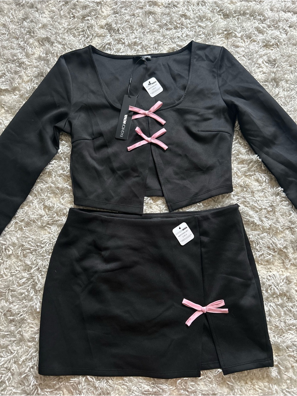 Fashion Nova Black Two-Piece Set with Pink Bow Accents